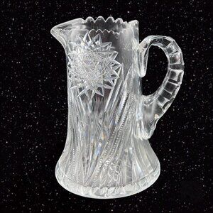 VINTAGE AMERICAN BRILLIANT BEADED CRYSTAL PITCHER CARAFE‎ ART GLASS 8”t 6.5”w